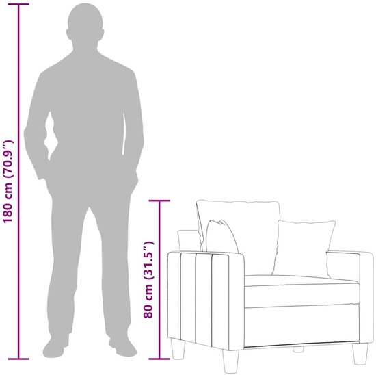 Schaalvergelijking van een 80 cm hoge wijnrode fauteuil met een man van 180 cm.
