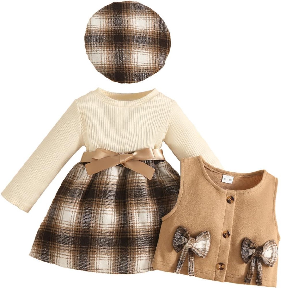 Geruite geribbelde jurk voor babymeisjes, jas en baret, 3-delige outfit