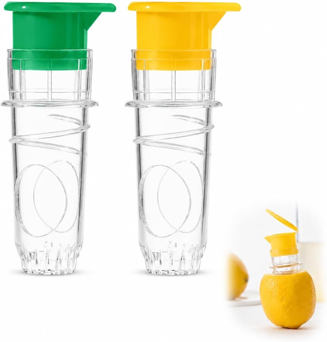 Set van 2 handmatige citroenpers met filter, kleine draagbare citruspers voor citroen en limoen, voor camping, picknick en keuken, geel en groen