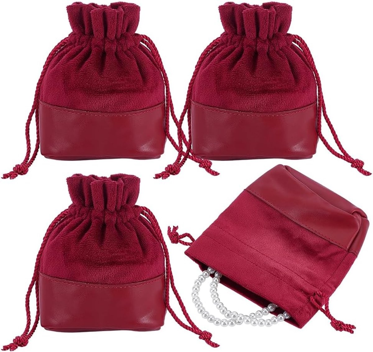 Set van 3 Fluwelen Trekkoord Opbergzakken in Faux Leer voor Sieraden, Ringen en Oorbellen - Donkerrood 11 x 11,7 cm