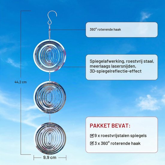 Reflecterende 3D RVS Wind Spinner voor Buiten, Tuinversiering en Vogelafschrikking voor Spechten en Duiven — afbeelding 3