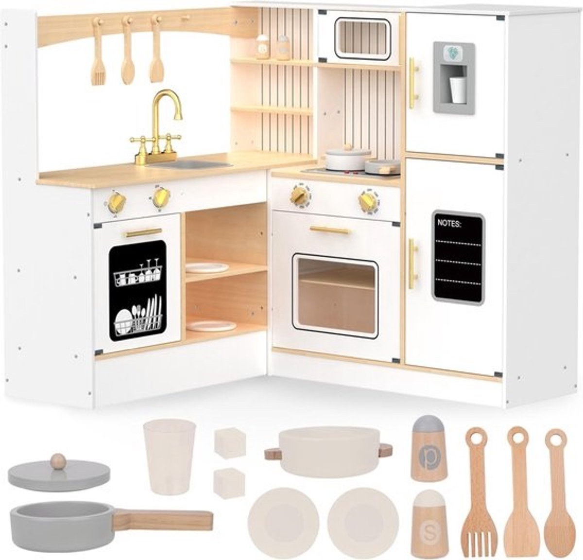 Grote Interactieve Houten Kinderkeuken voor Kinderen 3+ - Hoekfornuis Met Koelkast, Magnetron, Wastafel en Accessoires