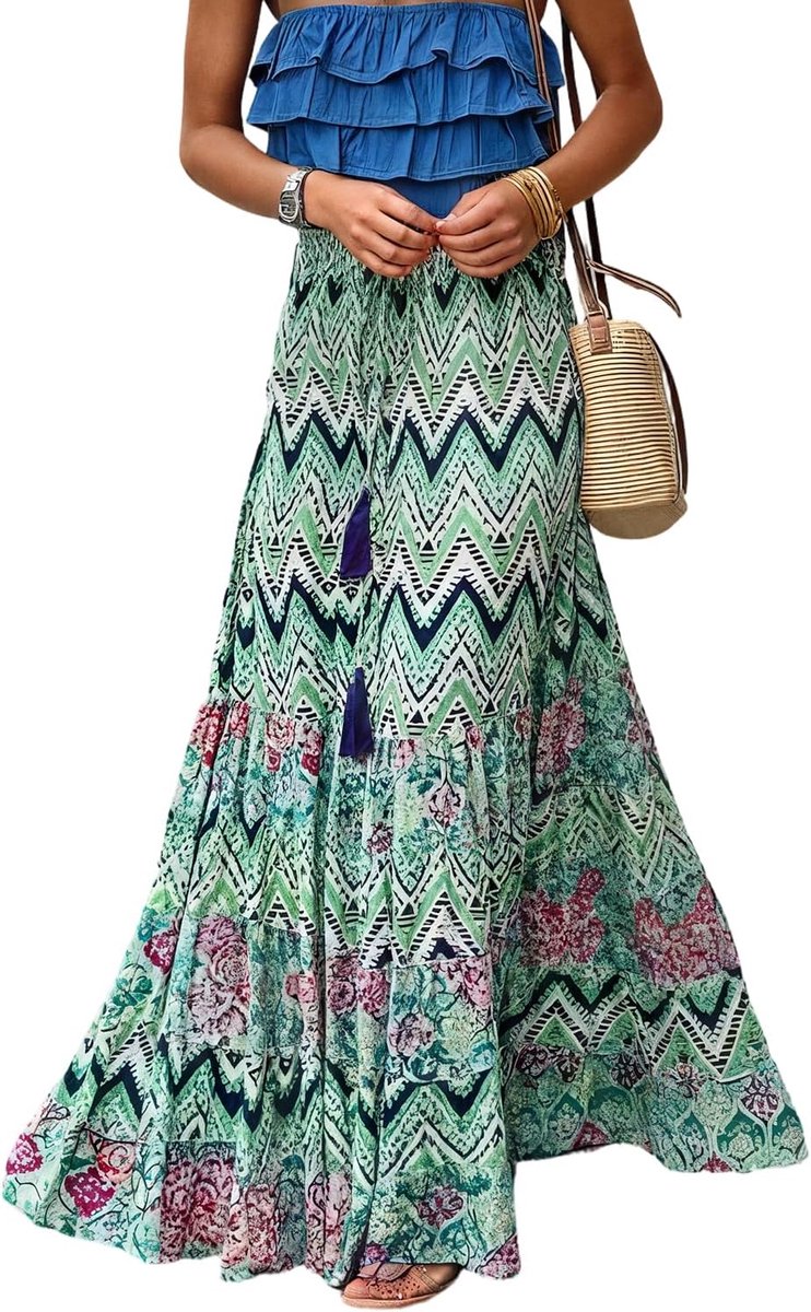 LIAMERHE Women's long skirt, summer maxi skirt, boho A-line, high waist, elastic, printed, beach skirt, leisure - ShopVlot