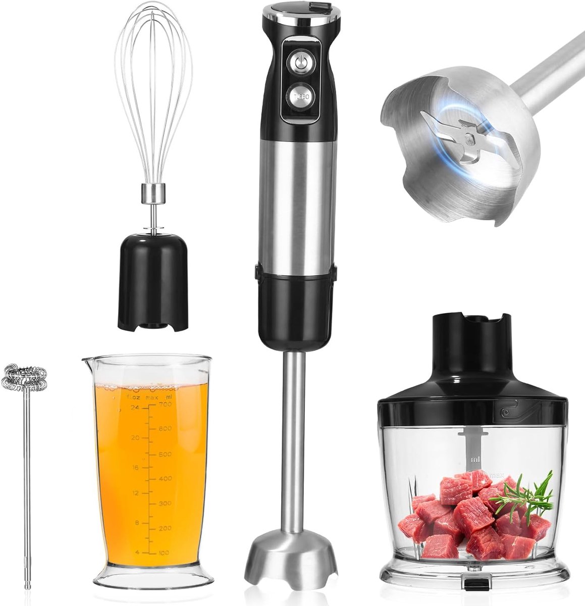 Roestvrij Staal 5 In 1 Multifunctionele Immersiemixer 1000 W Staafmixer met 12 Verstelbare Snelheden, Turbo Voor De Voorbereiding Van Babyvoeding, Salades