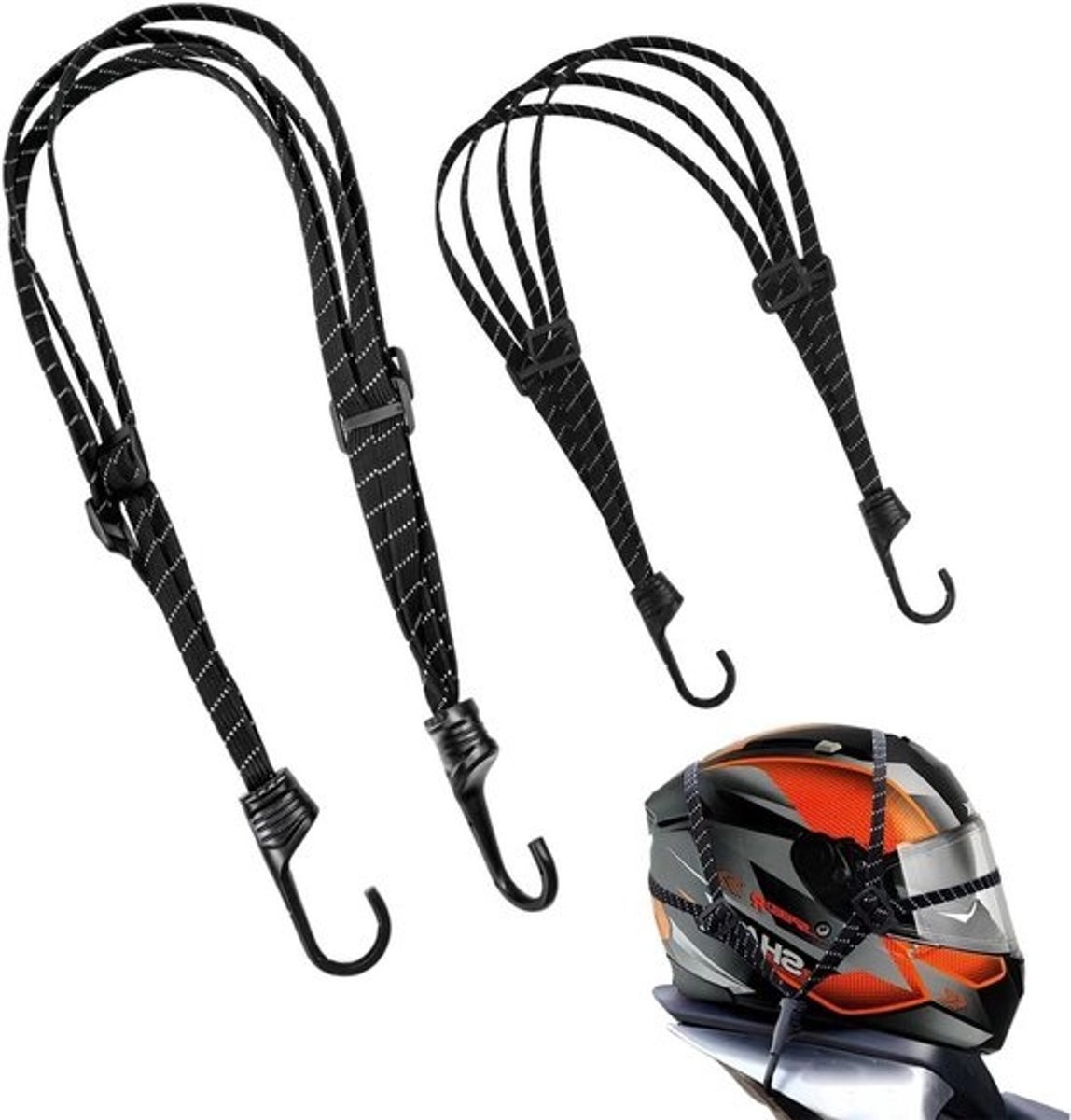 Elastische bagagebinders set van 2 - 120cm & 90cm - zwart met reflectie - voor motorfiets, koffer en transport