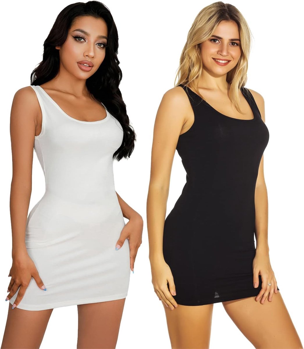 Lange mouwloze tanktop met fijne ribstructuur en stretch voor dames, set van 2