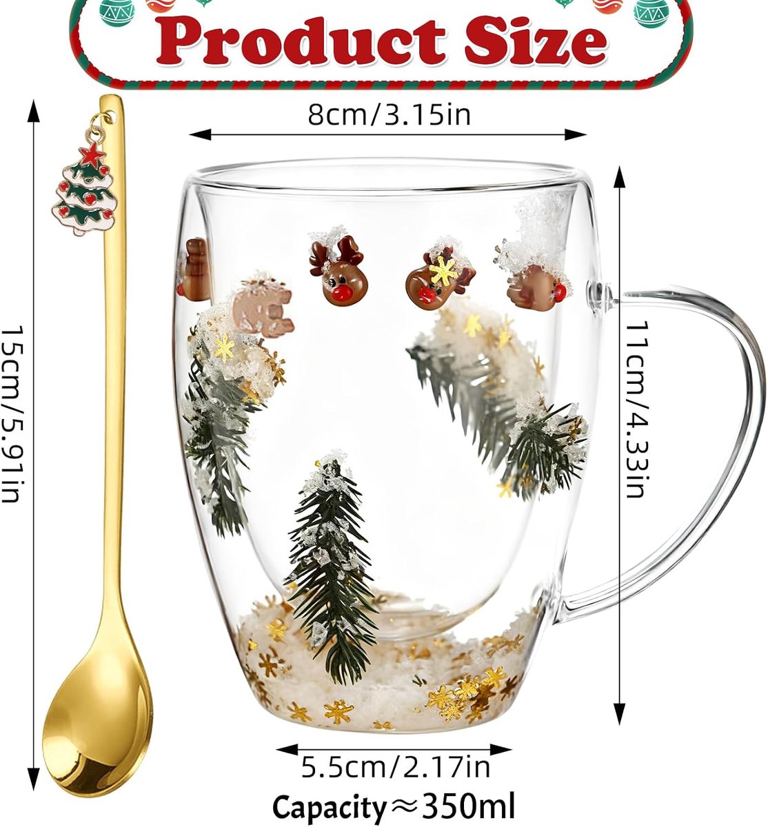 350 ml, dubbelwandige glazen met lepel met peperkoekmannetje, dennentak, ideaal als cappuccinoglazen, koffieglazen, kerstcadeaus voor vrouwen en mannen