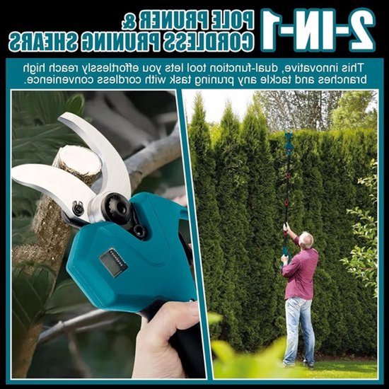 Dailygoody - Elektrische takkenschaar op batterijen - Telescopische schaar voor de tuin - Krachtig en veilig - Turquoise - Voor het snoeien van bomen - 2-in-1-ontwerp — afbeelding 3