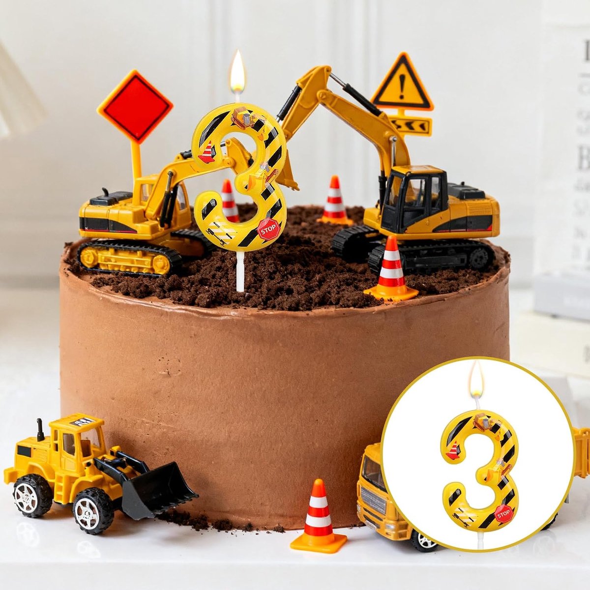 Geel en Zwart Gestreepte Verjaardagskaars met Cijfer Coole Bouwtaarttopper voor Feestbenodigdheden voor Jongens Taartdecoratie (Cijfer 3)