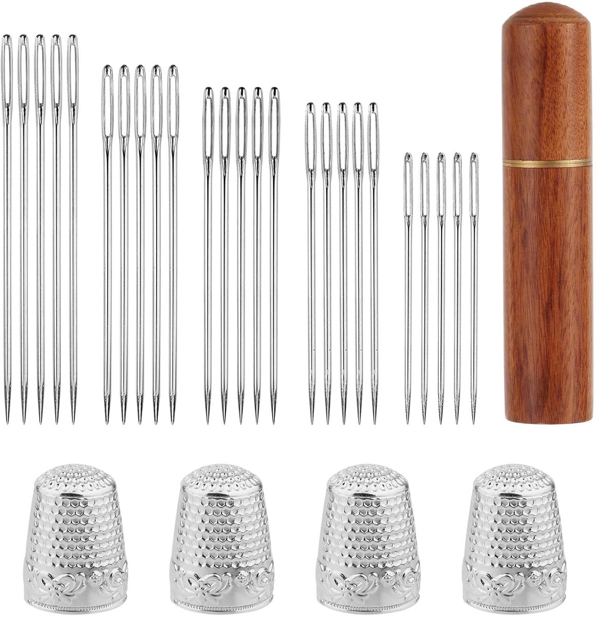 30st Grote Oognaalden Set, Roestvrijstalen Grote Oognaalden voor Borduren met Houten Kist en 4 Vingerhoedjes voor Haak Stopgaren Borduurprojecten