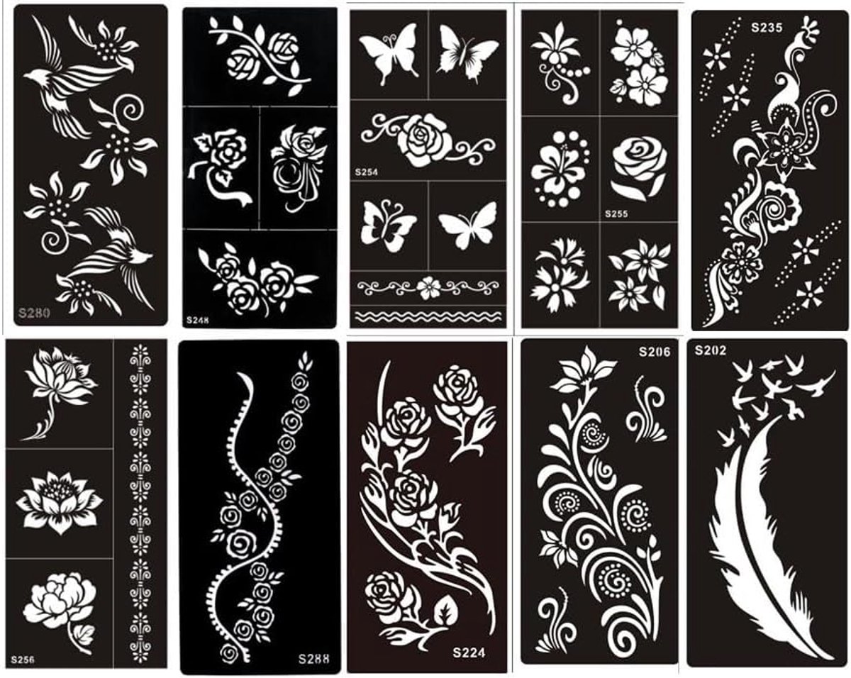 10 vellen bloemen vlinder vogel tattoo sjabloon tattoo sjabloon voor lichaam en handbeschildering Flowers10