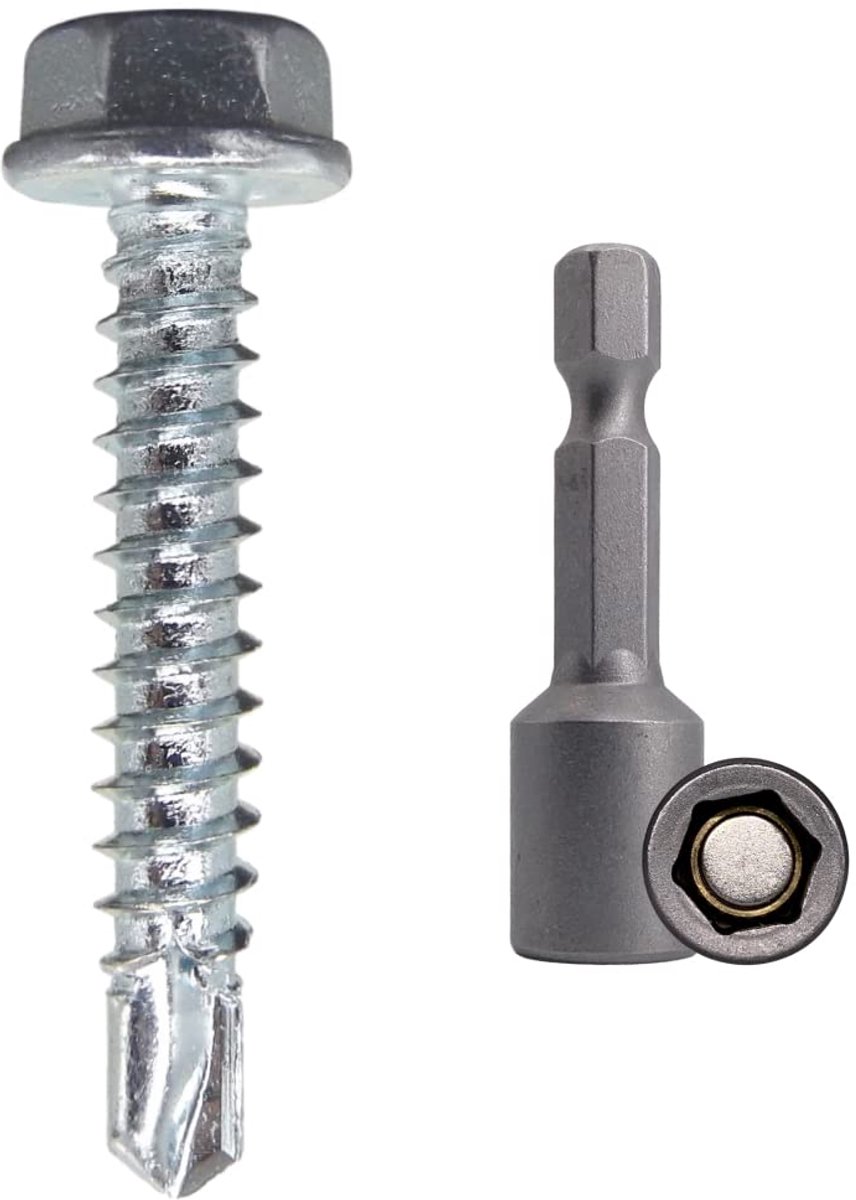 100 stuks DIN 7504 K verzinkt staal 4,2 x 25 mm schroeven, zelfborende plaatmetalen schroef, zeskantsluitring, zelftikkend (100, 4,2 x 25 mm)