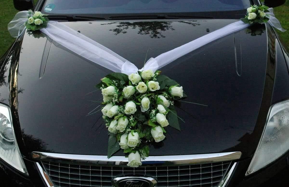 Autoboeket, autoversiering, bruidspaar, rozen, decoratie, huwelijk, auto, bruiloftsdecoratie (wit 2)