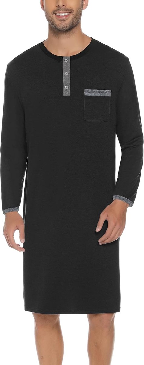 Nachthemd voor heren, katoenen pyjama met lange mouwen, korte mouwen, pyjama-bovenstuk, lang T-shirt, ronde hals met knopen, huiskleding, grote maat, zacht, comfortabel