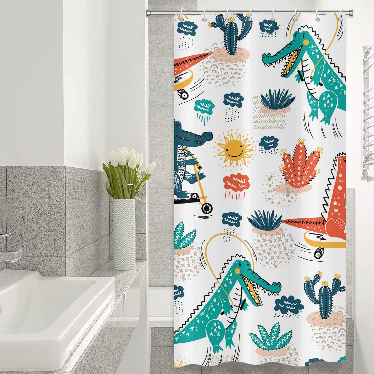 Kinderdouchegordijn, 120 x 180 cm, schattige cartoon, krokodil, cactus, zon, wolk, badkamer, wasbaar, smalle douchegordijnen met inslagringen, polyester textiel, waterdicht, douchegordijn voor