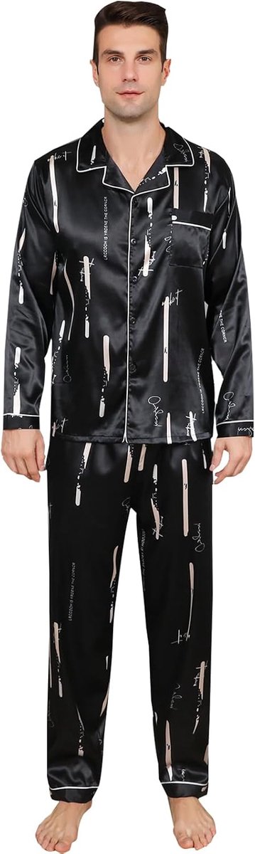 Pyjamaset met lange mouwen, zijdeachtige pyjama, premium nachtkleding met knoopsluiting, meerkleurig, zijdeachtige pyjamaset voor heren