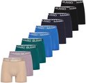 Stapel van tien Mario Russo boxershorts in zwart, navy, blauw, groen, lila en beige.