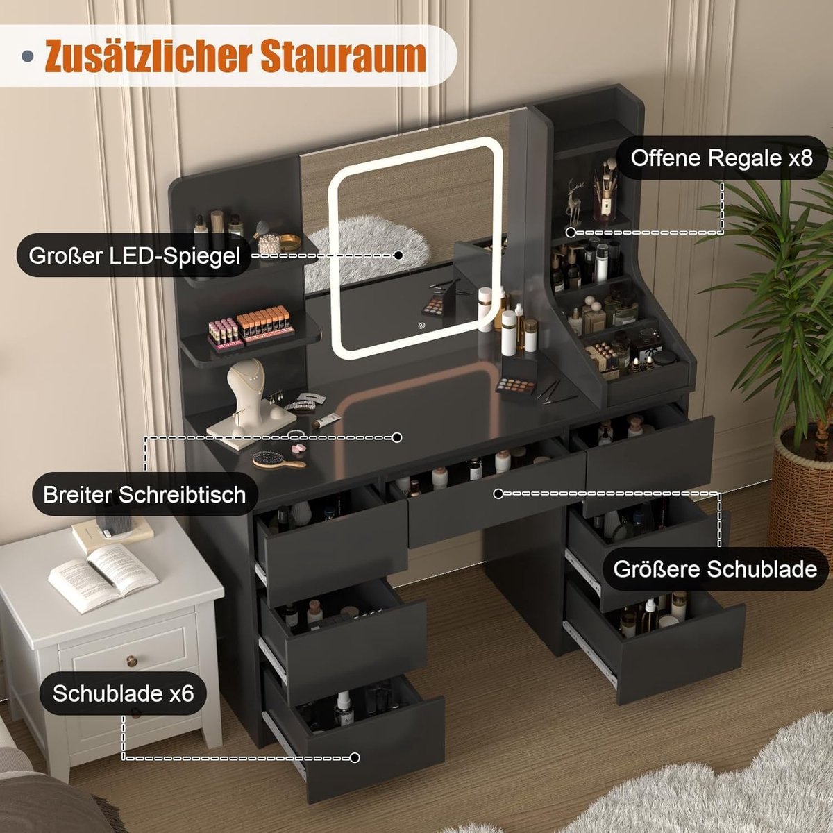 Kaptafel 110 x 40 x 139 cm met LED-spiegel, verlichting, 7 lades en 4 planken, zwart - Industrohome