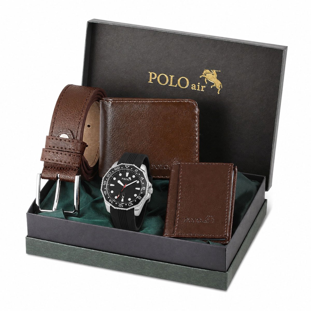 Polo Air Nova - Cadeauset Heren - Vaderdag Cadeau - Kerstcadeau Man - Verjaardagscadeau Man - Sinterklaas Cadeau - Valentijn Cadeau voor Hem - Zwart Horloge, Bruine Riem, Portemonnee & Pasjeshouder in Cadeaudoos - Geschenkset Mannen - Cadeau Papa
