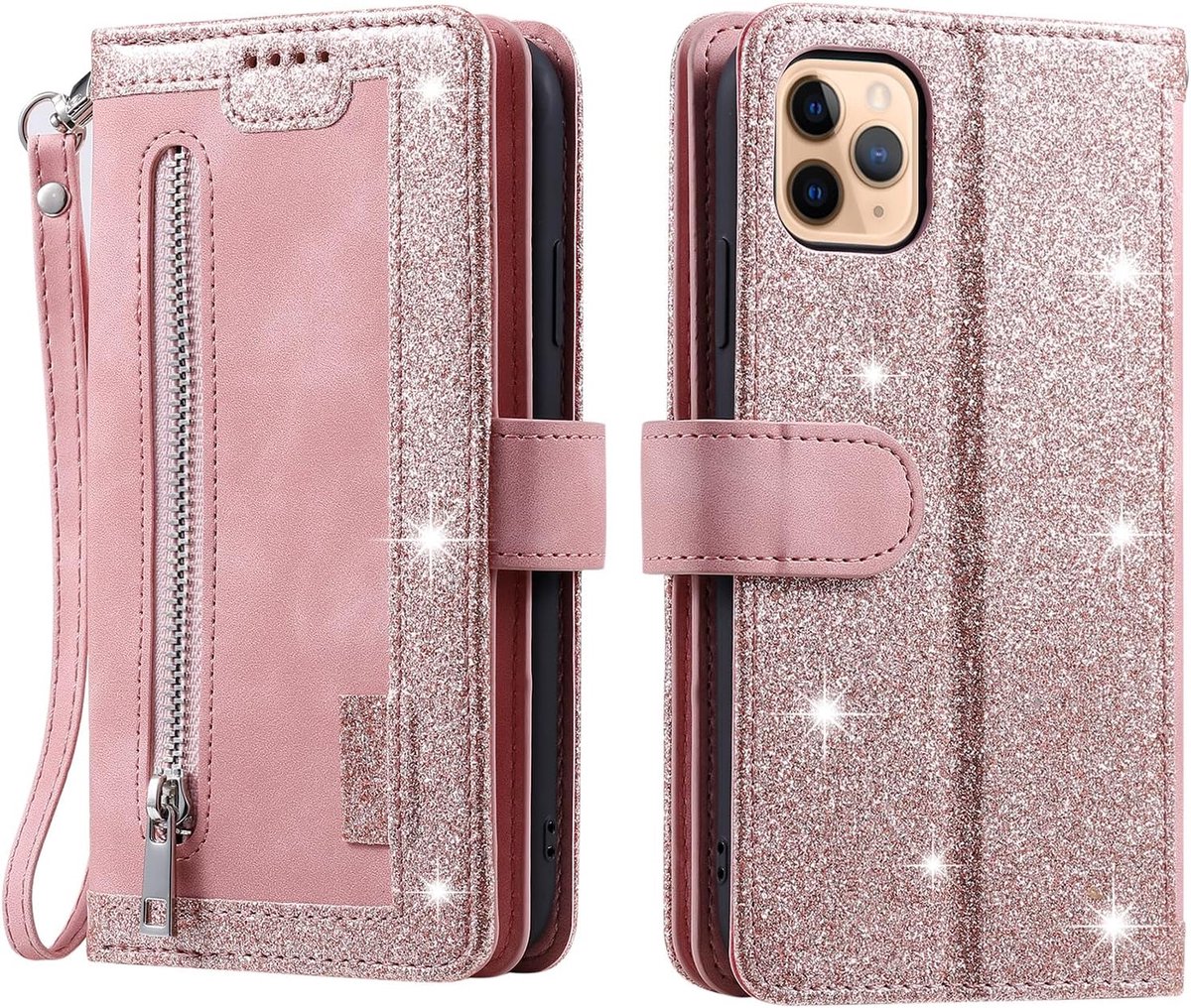 Hoes voor mobiele telefoon voor iPhone 12/12 Pro, hoes, inklapbaar, telefoonhoes, beschermhoes, klaphoes met standaard, kaartenvak, mobiele telefoonhoes, boekvorm fliphoes, roze