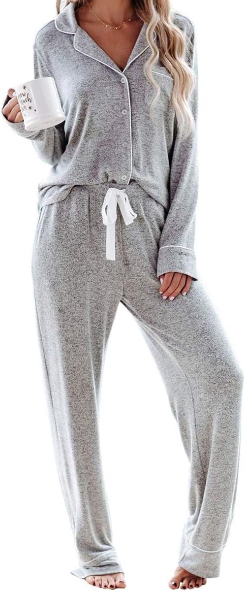Pyjama dames lange pyjama sets met knoopsluiting tweedelige nachtkleding huispak