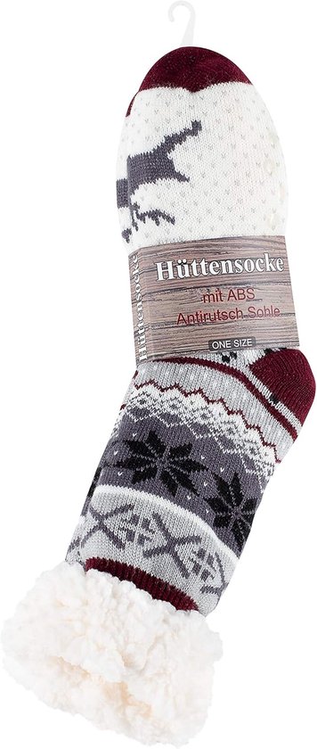 Huissokken "Hüttensocke" met ABS antislipzool, grijze patronen, elanden en witte, pluizige rand. Eén maat.