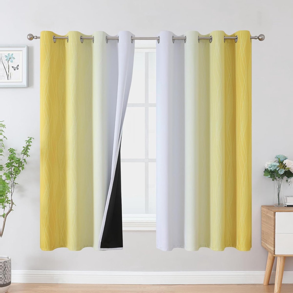 Kleurverloop ombre gordijnen met ringen voor woonkamer thermogordijn koudebescherming dichte geluidsisolerende verduisterende gordijnen 160 cm hoog, H 160 x B 132 cm, geel en wit, set van 2