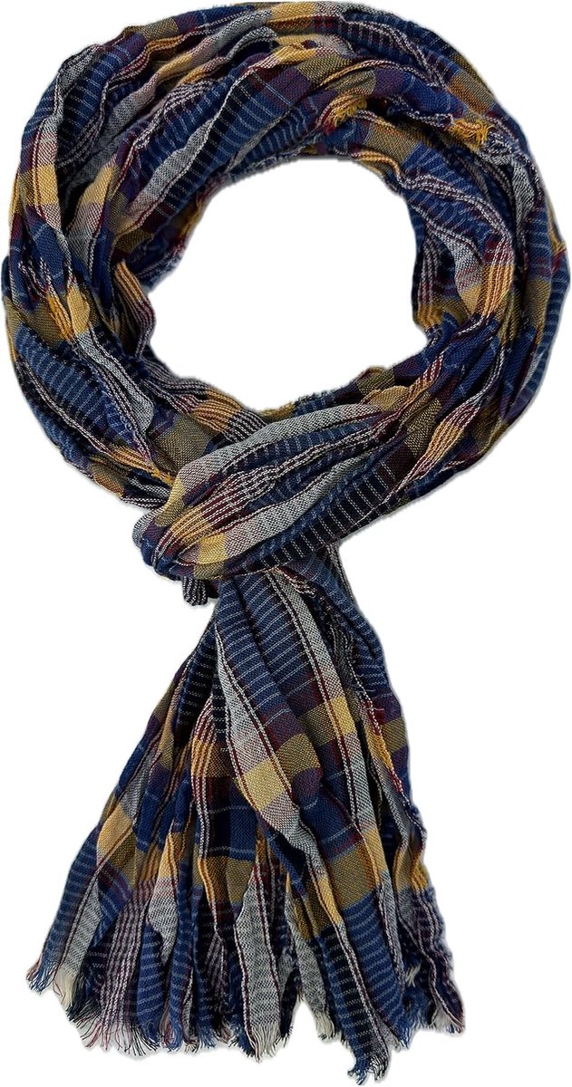 Katoenen sjaal Lichte damessjaal herensjaal kreuklook ruitpatroon in geel blauw rood Made in Germany, geel blauw rood, 180 x 15 cm (L x B)