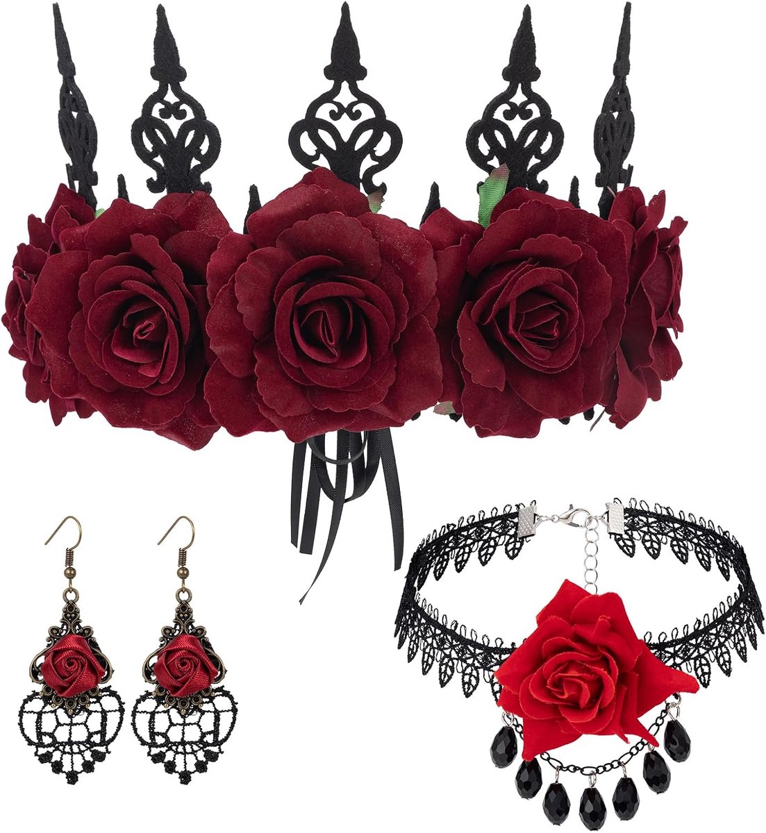 Gothic Vampier Kostuum Set voor Vrouwen Rose Kroon Queen Haarband Gothic Kant Choker Rode Strass Oorbellen Set Sieraden Accessoires voor Meisjes