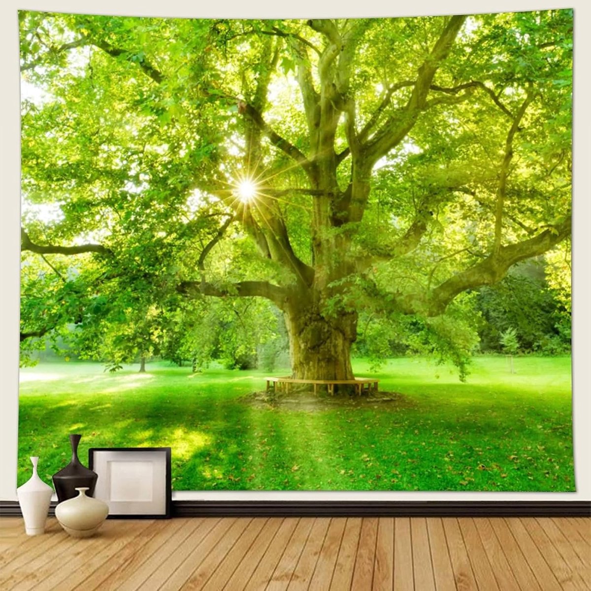Wandtapijt Wandbehang, 200 x 200 cm Lente Groene Boom Natuurlijk Scène Wandtapijt Muurkunst voor Slaapkamer Woonkamer Dorm Decor Wandtapijt, Geel-Groen
