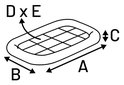 Diagram van een luchtbed met afmetingen A, B, C, DxE.