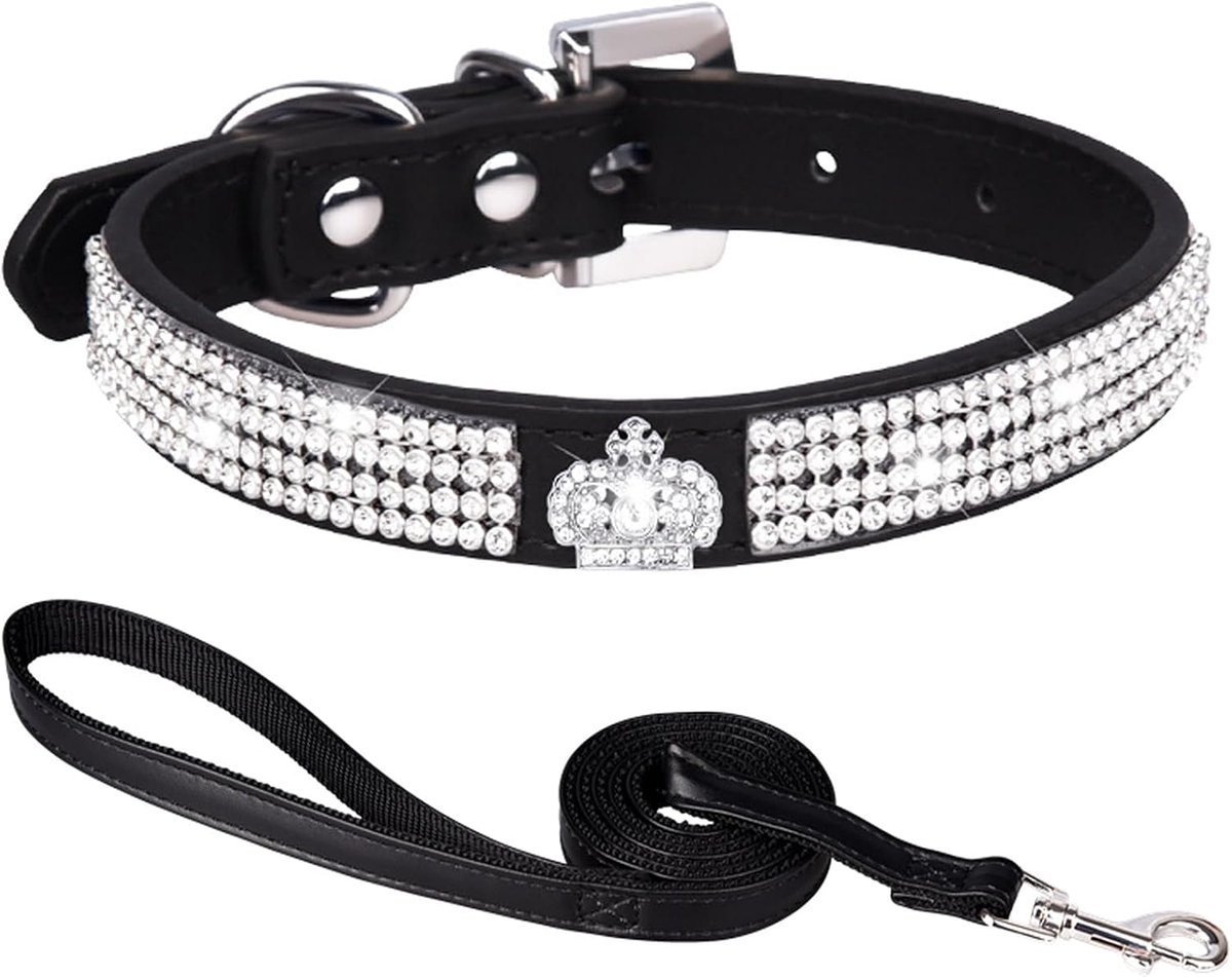 Kleine maat, halsband met strass steentjes voor honden, halsband en riem, verstelbare hondenhalsband voor kleine, middelgrote en grote honden, zwart, S