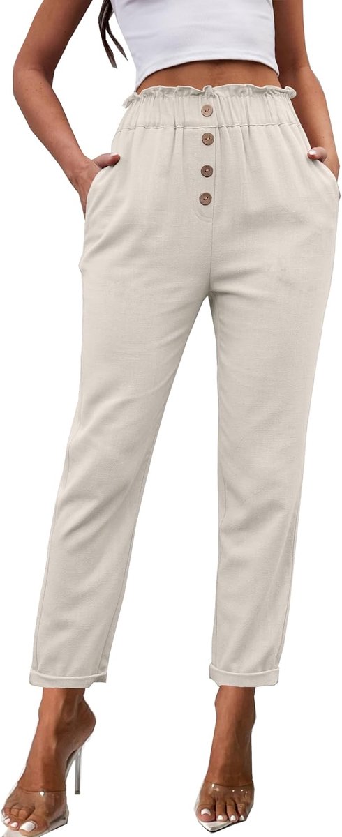 Linnen werkbroek voor dames, zomer, gekleed, casual, zakelijk, hoge taille, paperbag, cropped broek