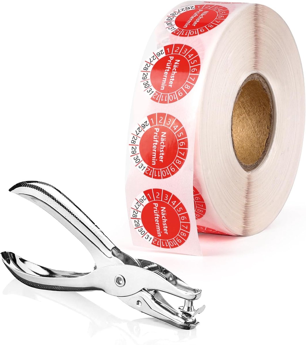 1000 stuks meerjarige teststickers, rood, 1 enkele gatstans, 3 mm, set teststickers, 20 mm, naaste teststickers, plaatje, gatentang, zelfklevend, onderhoudsetiketten voor het testen van gaten, enkel