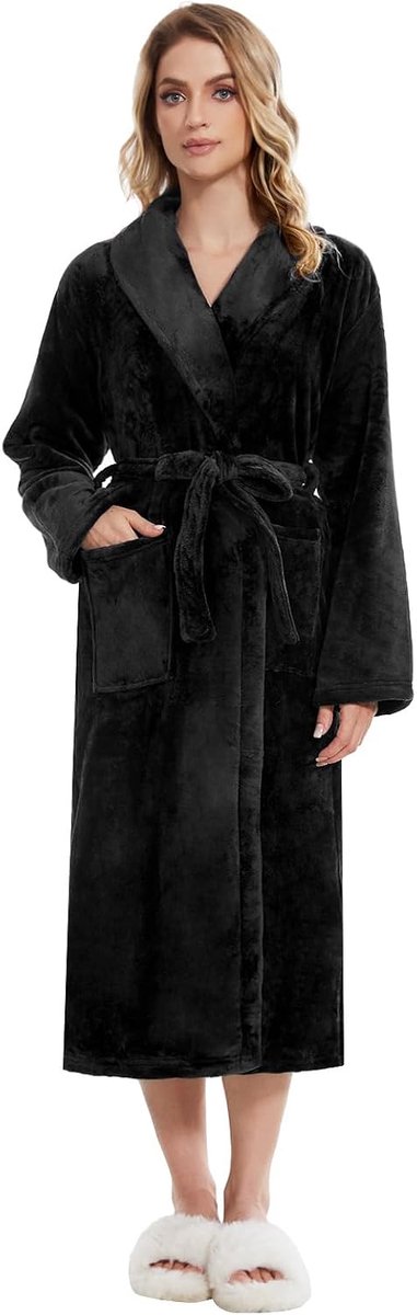 Dames fleece ochtendjas pluizig lange badjas behaaglijk zachte badjas met zakken