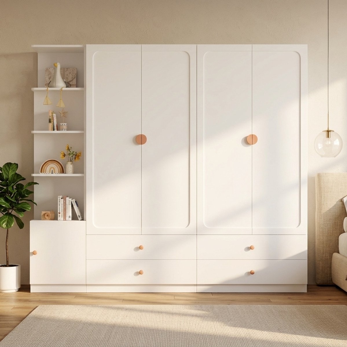 FloraGrace Kledingkast - Moderne Opbergruimte Met 3 Kledingroedes En 4 Lades - Voor Slaapkamer En Hal - Hout, MDF En Staal - 225x45x200 Cm - Wit