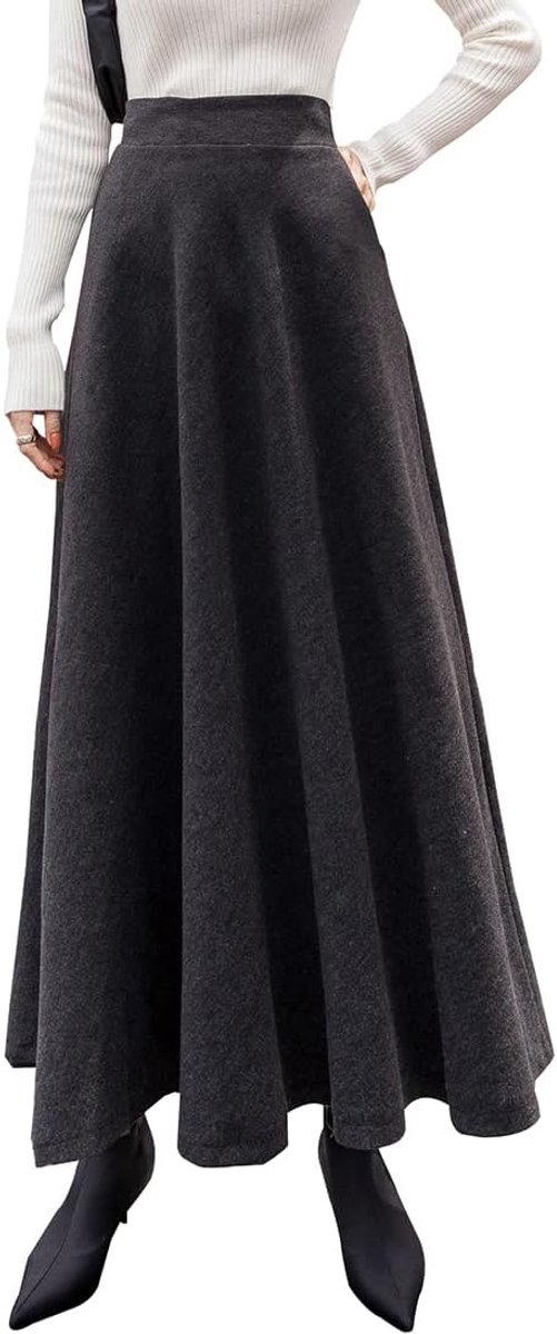 Rok voor dames, elegante maxi-winterrok, plaid, warme wollen rok, hoge taille, geruit, herfst, elastische taille, vintage, A-lijn, casual, midi-plooirok, C donkergrijs, L