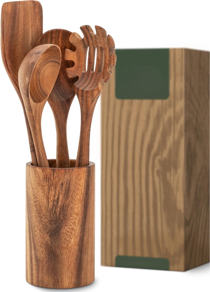 Verte - Keukengerei Set met Houder - 4-Delige Set Bestaande Uit Een Spatel - Een Houten Lepel - Een Pastalepel En Een Houder - Keukenaccessoires - Houten Spatel - Keukengerei