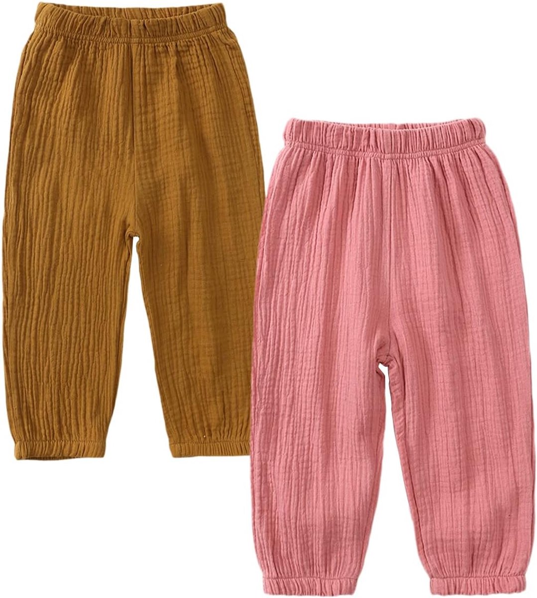 Set van 2 uniseks pompbroek voor baby's en kinderen, katoenen linnen broek, lichte ademende anti-muggen joggingbroek, casual broek, lichtbruin/roze, 120 cm