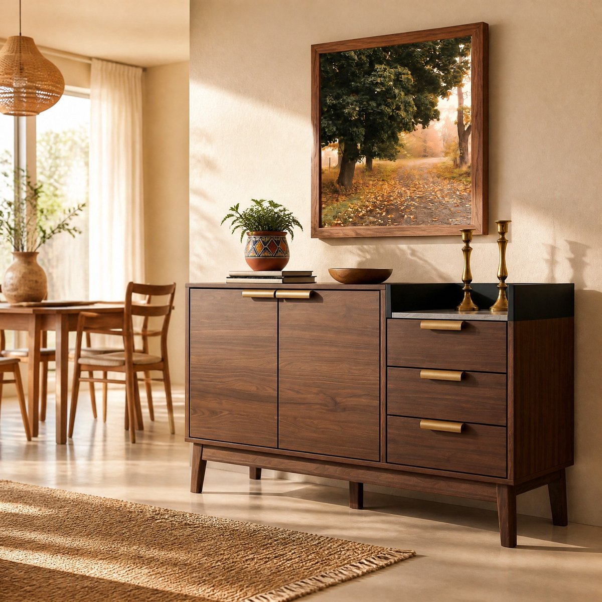 WUVRIE Dressoir 120 x 40 x 77 cm - 3 lades, dubbele deuren en verstelbare plank - Donkere eik Eikenhout