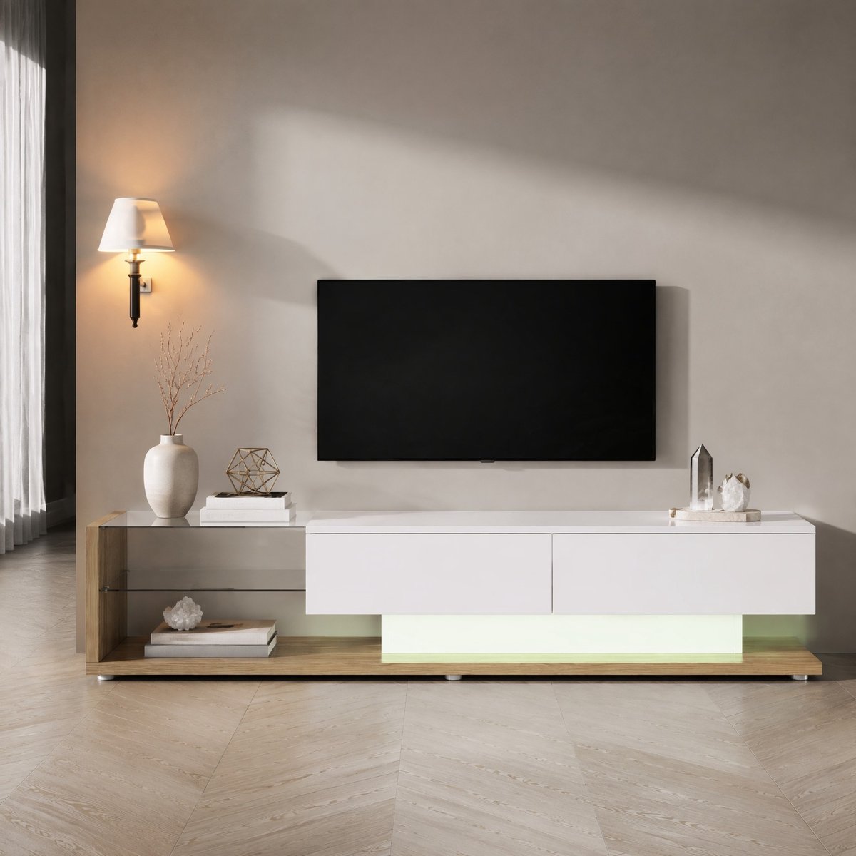 WUVRIE TV-meubel 170 cm - 2 lades, glazen legplanken en instelbare LED-verlichting - Wit/houtkleur Wit hoogglans