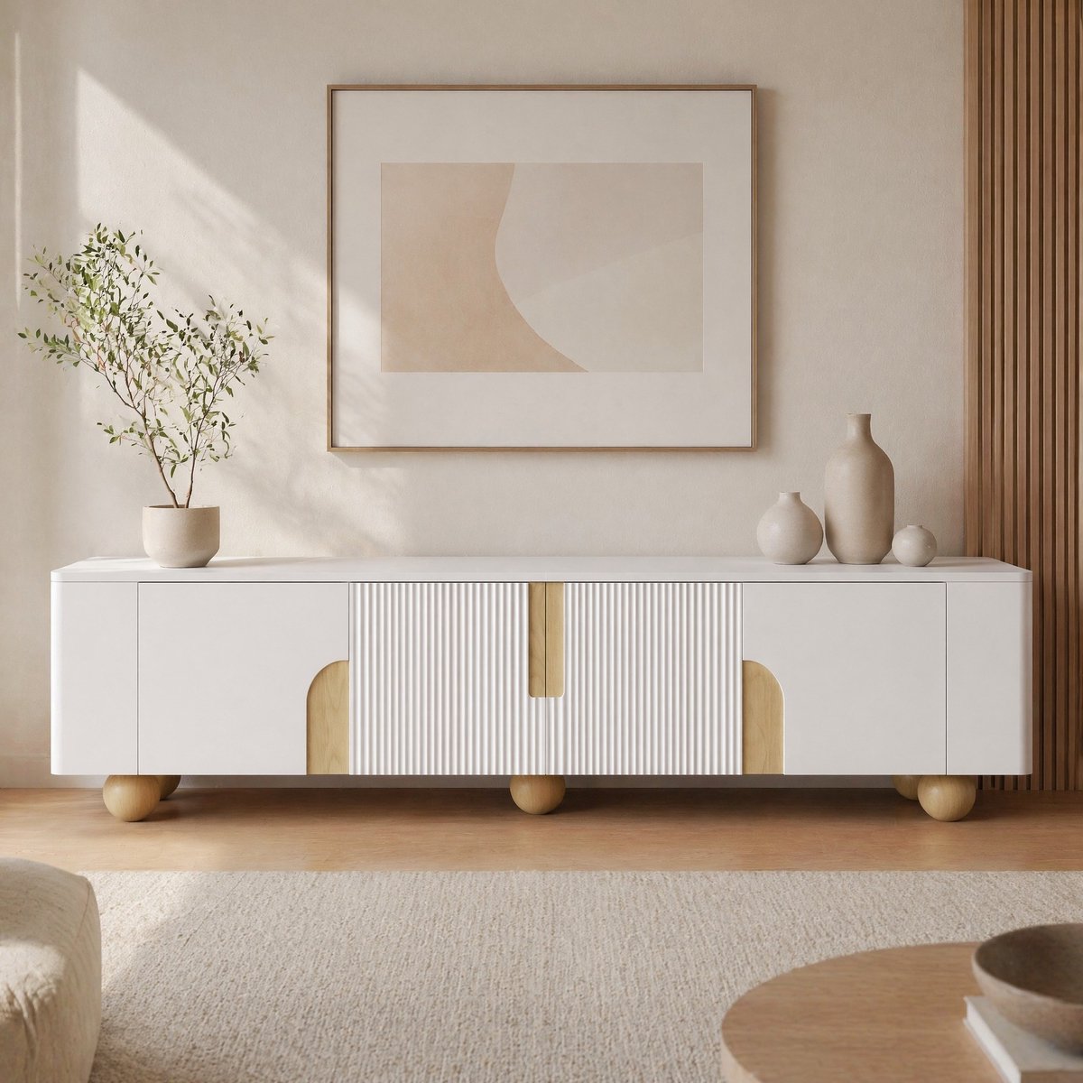 WUVRIE TV-meubel 180 cm - 4 deuren, marmereffect en houten poten - Wit/houtkleur