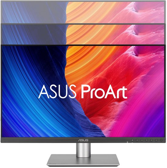 ASUS ProArt monitor die in hoogte verstelbaar is, zilveren standaard, kleurrijk scherm.