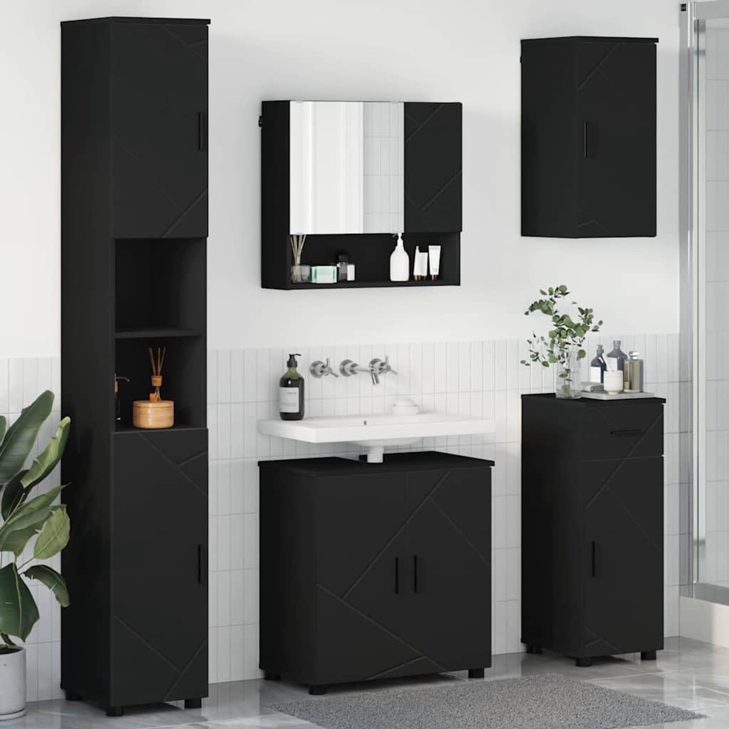 Badkamermeubelset 5 stuks zwart 61x35x64 cm houtmateriaal wandmontage