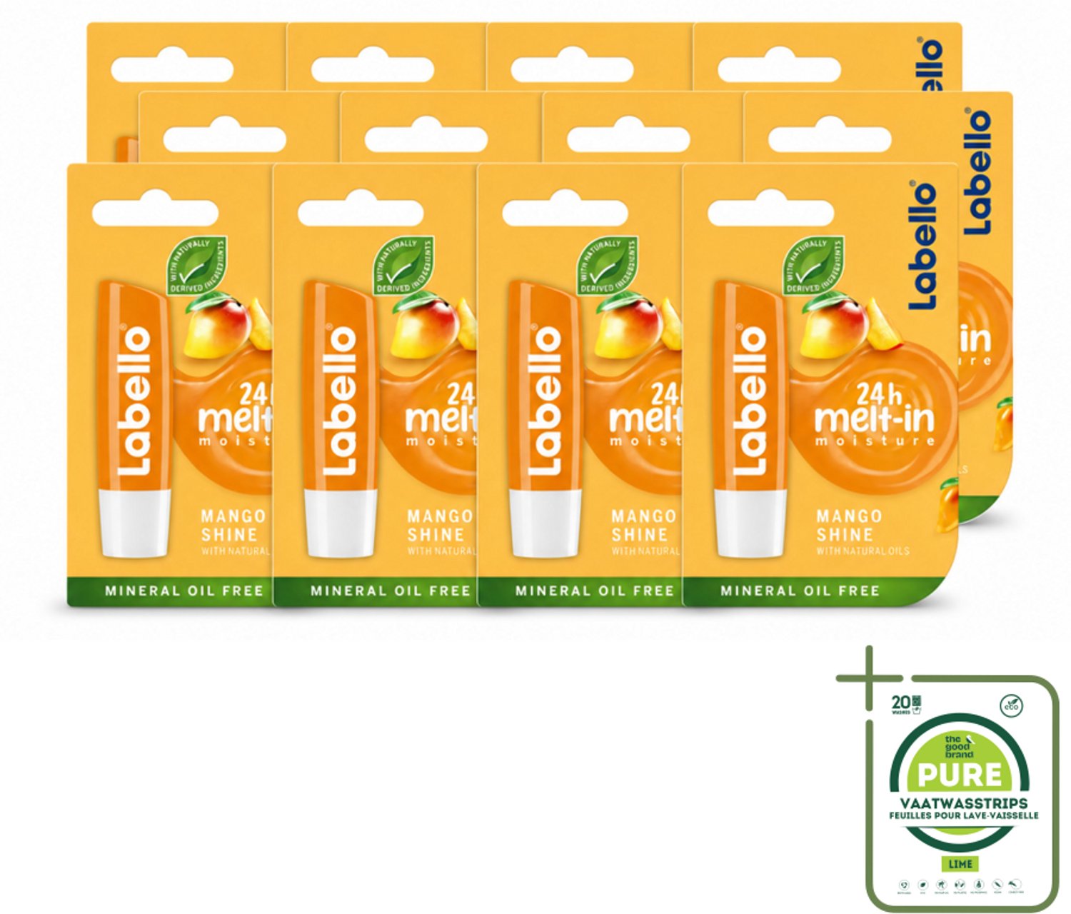 12 x Labello – Lippenbalsem -- Mango Shine – 4,8 g - Grootverpakking - Vaatwasstrips - Lippenbalsem - Mango Geur - Hydratatie - Natuurlijke Glans - Verzorging