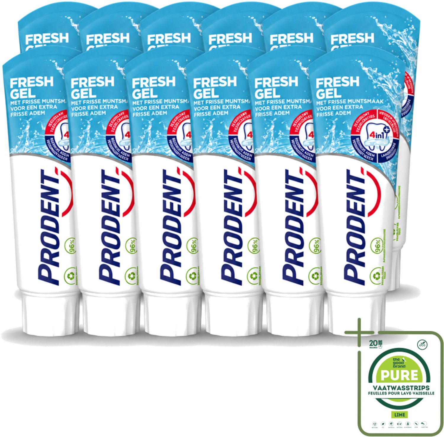 12 x Prodent – Tandpasta – Fresh Gel – 75 ml - Grootverpakking - Vaatwasstrips - Frisse Mond - Anti-cariës - Tandplak - Tanderosie - Glazuur Bescherming
