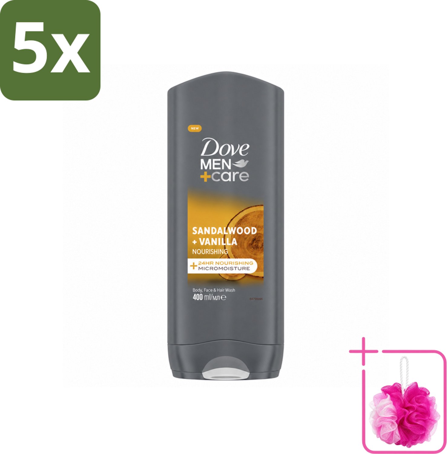 5 x Dove – Douchegel – Men+Care Sandalwood & Vanilla – 400 ml - Bulkverpakking - Douchegel mannen - Douchemop - Reiniging mannenhuid