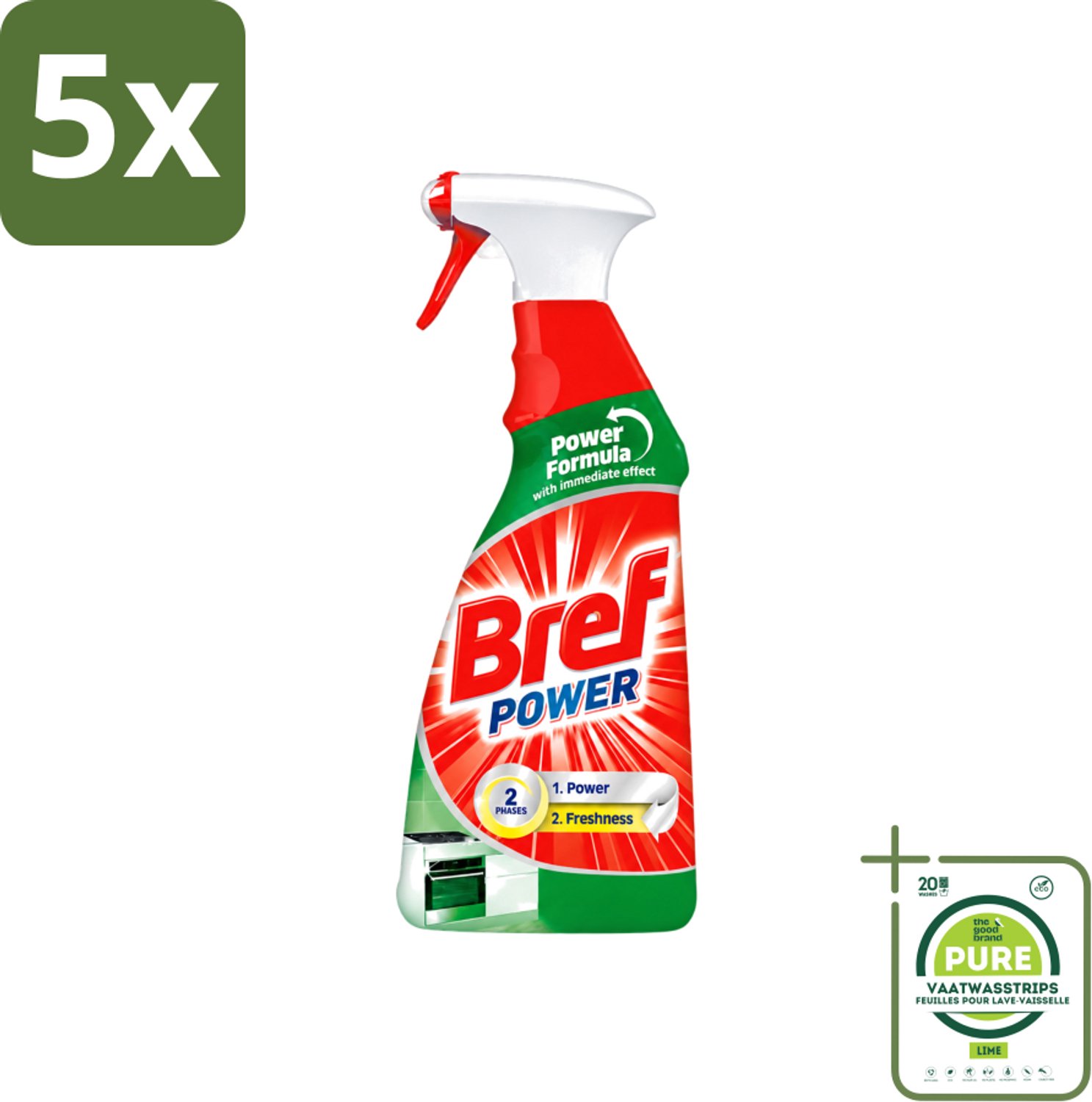 5 x Bref Power - Keukenreiniger - Spray - Ontvetter - 750 ml - Grootverpakking - Vaatwasstrips - Keukenreiniger - Ontvettingscrème - Vet Verwijderen - Krachtige Spray - Keuken Reinigen
