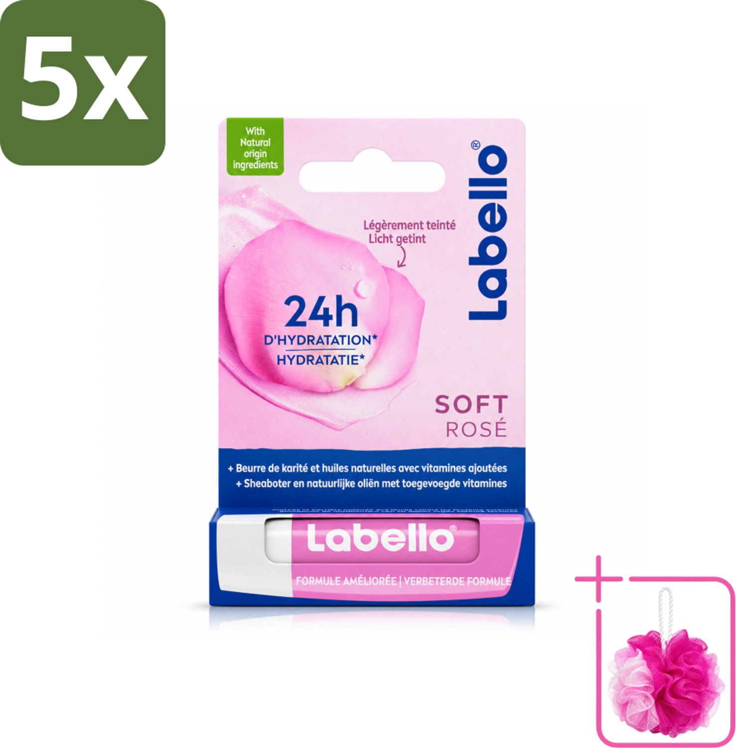 5 x Labello – Lippenbalsem – Soft Rosé – Lippenbalsem – 24H Hydratatie - Bulkverpakking - Hydraatende lippenbalsem - Douchemop - Roze lippenbalsem