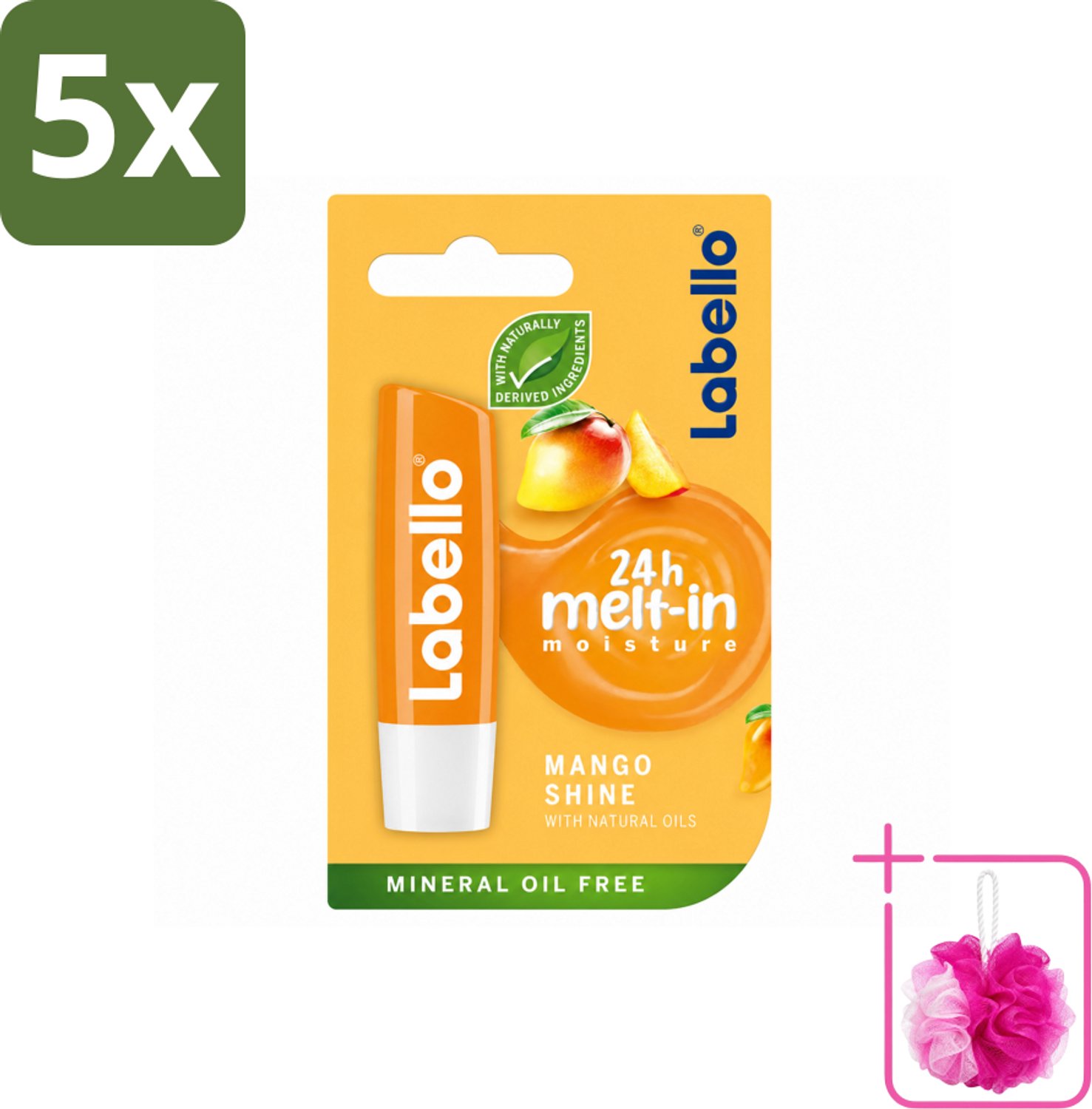 5 x Labello – Lippenbalsem -- Mango Shine – 4,8 g - Bulkverpakking - Lippenbalsem - Douchemop - Mango geur